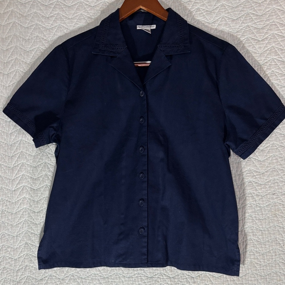 Rebecca Malone Navy Blue Short Sleeve Button-Down Shirt Linen Blend